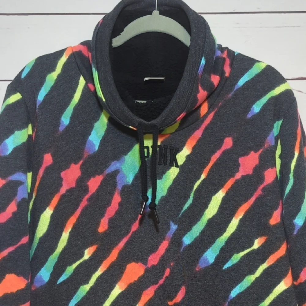 Victoria's Secret Pink Sweatshirt Zebra Rainbow Sherpa Cowl Neck Pullover Medium